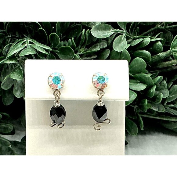 Black Bead and Aurora Borealis Rhinestone Dangle Earrings - Picture 3 of 4